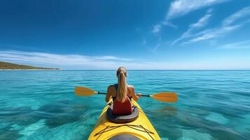 bak- se av lady paddling de kajak i de lugna tropisk bukt klar blå himmel. generativ ai foto