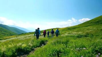 grupp av vandrare promenader i grön bergen med blå himmel . generativ ai foto