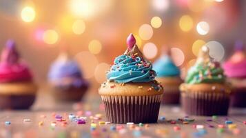 födelsedag muffins med fläck bakgrund färgrik ballonger. generativ ai foto