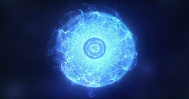 abstrakt blå sfär atom med elektroner flygande lysande ljus partiklar och energi magi fält, vetenskap trogen hi-tech bakgrund foto