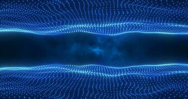 abstrakt blå energi vågor från partiklar ovan och Nedan de skärm magisk ljus lysande trogen hi-tech bakgrund foto