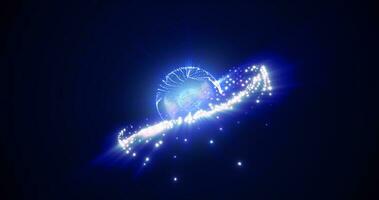 abstrakt energi sfär med flygande lysande ljus blå partiklar, vetenskap trogen atom med elektroner hi-tech bakgrund foto