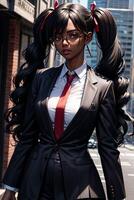 svart kvinna med twintails bär kostym och slips ai genererad foto