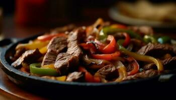 grillad nötkött och vegetabiliska tallrik, gourmet måltid genererad förbi ai foto