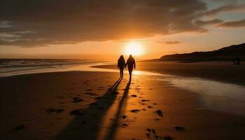 silhuett av par gående på strand på solnedgång genererad förbi ai foto