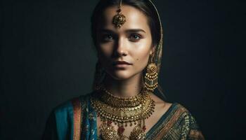 ung kvinna i guld Smycken utstrålar elegans genererad förbi ai foto