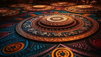 utsmyckad mandala matta med vibrerande blommig mönster genererad förbi ai foto