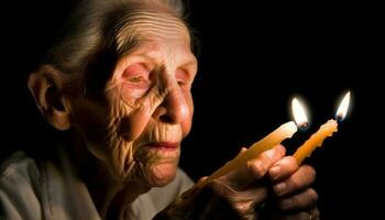 senior kvinnor mediterar, rynkig händer innehav ljus, lysande med andlighet genererad förbi ai foto