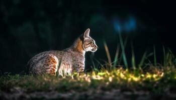fluffig kattunge Sammanträde i gräs, stirrande med nyfiken gul ögon genererad förbi ai foto