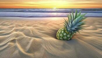 mogen ananas på idyllisk tropisk kustlinje på solnedgång, ren friskhet genererad förbi ai foto