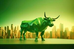 ai genererad 3d illustration av en stor grön tjur på fläck stad bakgrund. företag och handel upp trend begrepp. foto