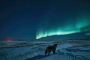 ai genererad frysta tundra på natt, terar en dans aurora borealis belysande de himmel och en Varg ylande i de distans. foto