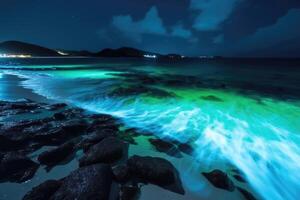 ai genererad bioluminescerande plankton på hav strand. foto