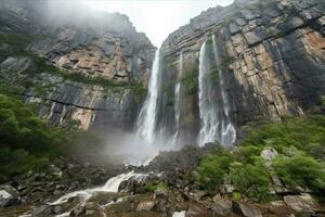 ai genererad de höga vattenfall kaskad ner de klippig klippor, skapande en fascinerande syn. foto