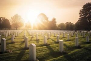 ai genererad en militär kyrkogård eller minnesmärke till hedra fallen soldater. minnesmärke dag. foto