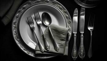 skinande bestick uppsättning på svart bordsduk, elegant fortfarande liv arrangemang genererad förbi ai foto