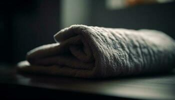 mjuk fluffig handdukar staplade på tabell i modern badrum design genererad förbi ai foto