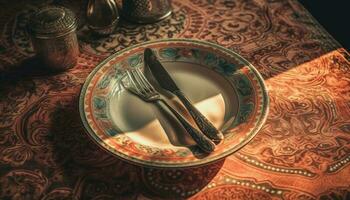 turkiska kultur möter rustik elegans i utsmyckad bestick uppsättning genererad förbi ai foto