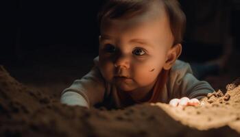 söt caucasian litet barn spelar i sand, ser glad och nyfiken genererad förbi ai foto