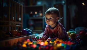 söt litet barn spelar med mång färgad leksak boll inomhus, leende lyckligt genererad förbi ai foto