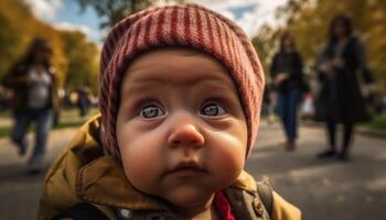 söt caucasian litet barn spelar utomhus i höst skog med familj genererad förbi ai foto