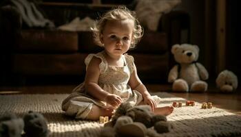 glad bebis flicka spelar med leksak teddy Björn inomhus på Hem genererad förbi ai foto