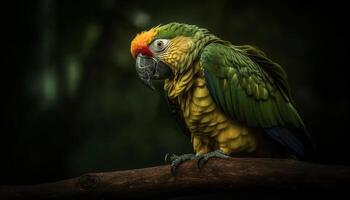 vibrerande ara perching på gren i tropisk regnskog livsmiljö genererad förbi ai foto