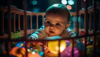 söt bebis pojke spelar lyckligt i hans upplyst spjälsäng på natt genererad förbi ai foto