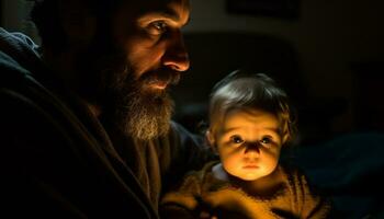 far och son omfamning, strålande kärlek och lycka inomhus genererad förbi ai foto