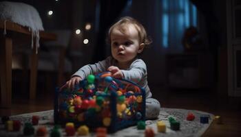 söt litet barn spelar med mång färgad leksak boll inomhus, familj lycka genererad förbi ai foto