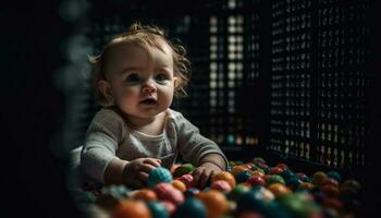 glad bebis flicka spelar med färgrik boll, njuter ny liv genererad förbi ai foto
