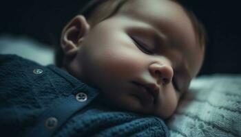 lugn nyfödd pojke sovande lugnt, insvept i mjuk filt genererad förbi ai foto