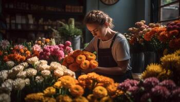 blomsterhandlare ägare leende, innehav bukett, försäljning färsk blomma arrangemang inomhus genererad förbi ai foto