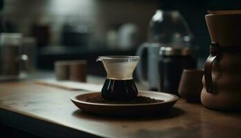 rustik kaffe affär förbereder skummande mocka med stål maskineri inomhus genererad förbi ai foto