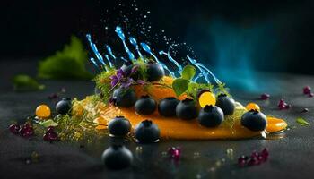 friska äter med färsk organisk bär frukt på färgrik tabell dekoration genererad förbi ai foto