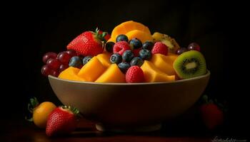organisk frukt sallad med mång färgad bär, uppfriskande och friska sommar mellanmål genererad förbi ai foto
