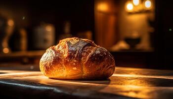 nyligen bakad hela vete baguette på rustik trä- tabell inomhus genererad förbi ai foto