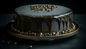 ljuv choklad cheesecake skiva på en mörk tallrik med dekoration genererad förbi ai foto
