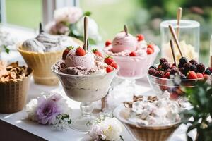 is grädde desserter buffé tabell, händelse mat catering för bröllop, fest och Semester firande, is krämer och blommor dekor i en blommig landsbygden trädgård, generativ ai foto