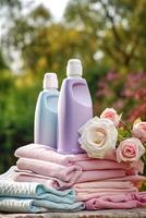 tvätt, hushållning och hemmakt, rena vikta kläder och rengöringsmedel balsam flaskor i de trädgård, Land stuga stil, generativ ai foto