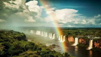 majestätisk regnbåge falls över tropisk regnskog landskap genererad förbi ai foto