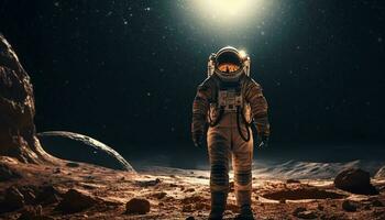trogen astronaut stående i mörk galax utforskning genererad förbi ai foto