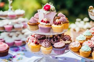 cupcakes, kakor, scones och muffins och Semester dekoration utomhus på de engelsk Land stil trädgård, ljuv desserter för bröllop, födelsedag eller fest firande, generativ ai foto