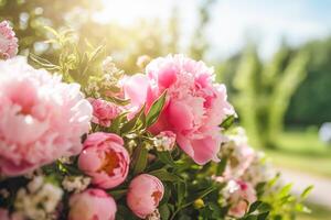 blomma trädgård, trädgårdsarbete och landsbygden natur, skön pion blommor, pioner blomning på en solig dag, generativ ai foto