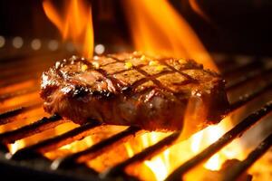 kött nötkött biff grillad på brand, mat bbq och varm grill, generativ ai foto