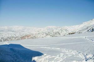 tien shan bergen täckt med snö i uzbekistan på en klar dag. beldersay åka skidor tillflykt foto