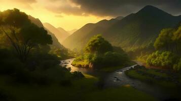 skön solnedgång över de berg och flod, tropisk ö, generativ ai konst foto