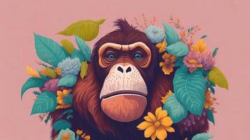 orangutang bild med blomma konst illustration, generativ ai konst foto