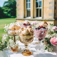 is grädde desserter buffé tabell, händelse mat catering för bröllop, fest och Semester firande, is krämer och blommor dekor i en blommig landsbygden trädgård, generativ ai foto