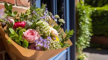 blomma affär leverans och Semester gåva post service, skön bukett av blommor på en hus tröskel i de landsbygden, generativ ai foto